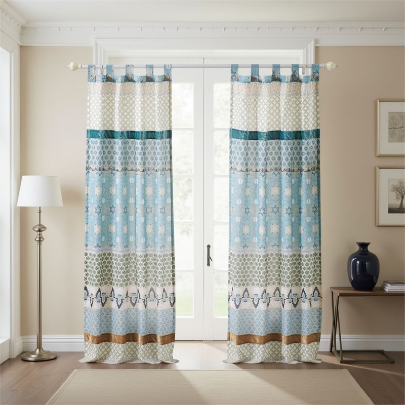 Benjara Ello 2 Panel Curtain Panel Set- Cotton White and Blue Geometric Print