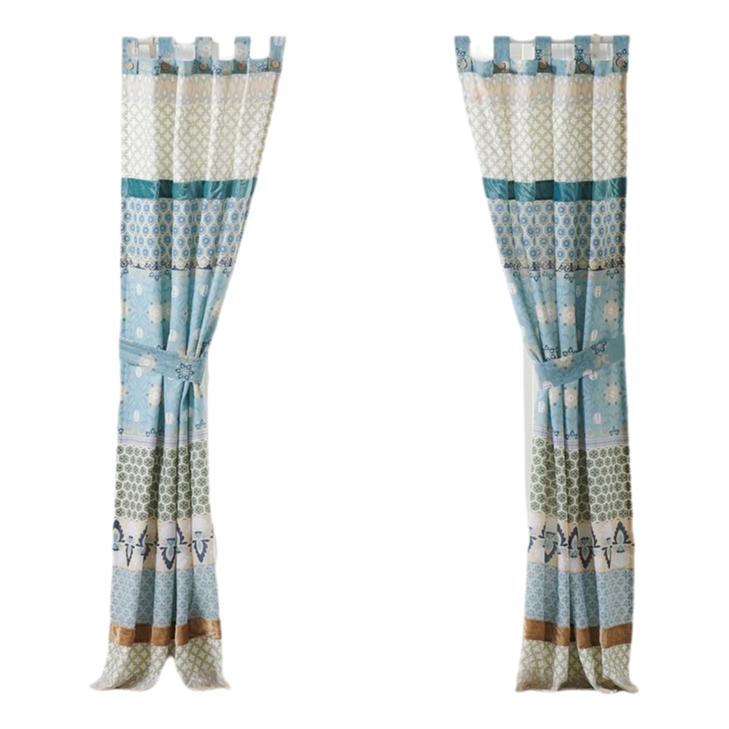 Benjara Ello 2 Panel Curtain Panel Set- Cotton White and Blue Geometric Print