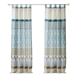Benjara Ello 2 Panel Curtain Panel Set- Cotton White and Blue Geometric Print