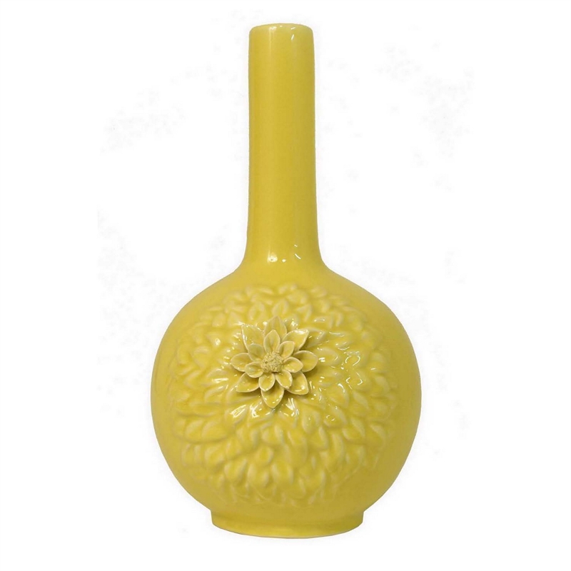 Benjara Remi Flower Vase- Narrow Neck- Yellow Ceramic w Floral Motifs- 16 Inch