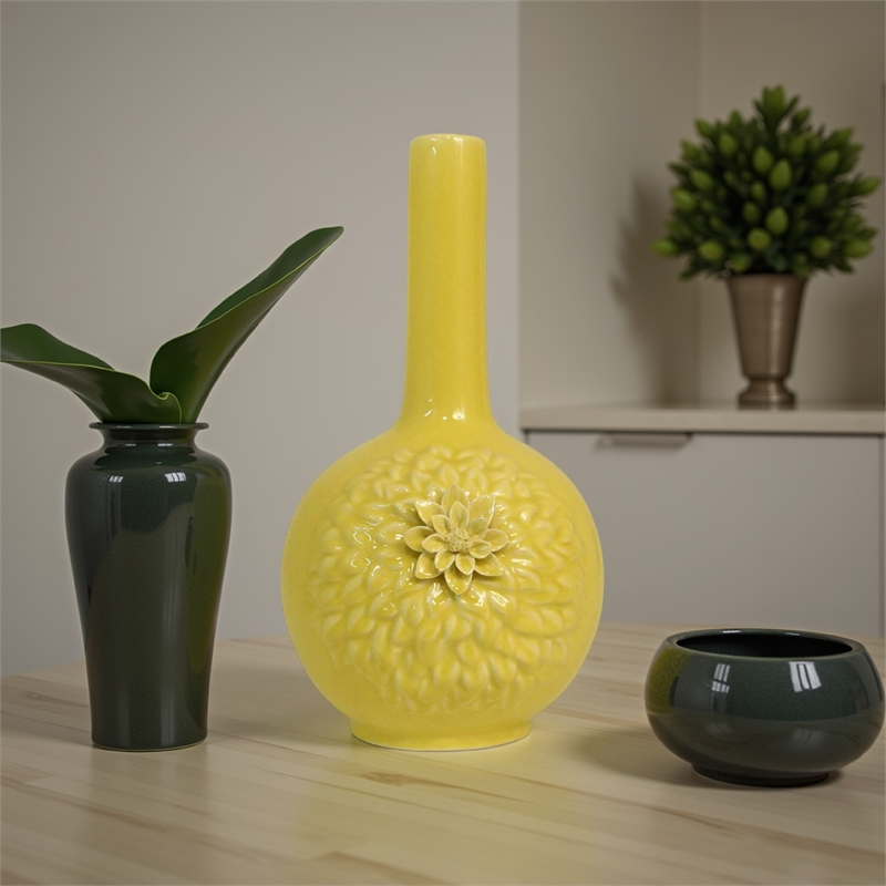 Benjara Remi Flower Vase- Narrow Neck- Yellow Ceramic w Floral Motifs- 16 Inch