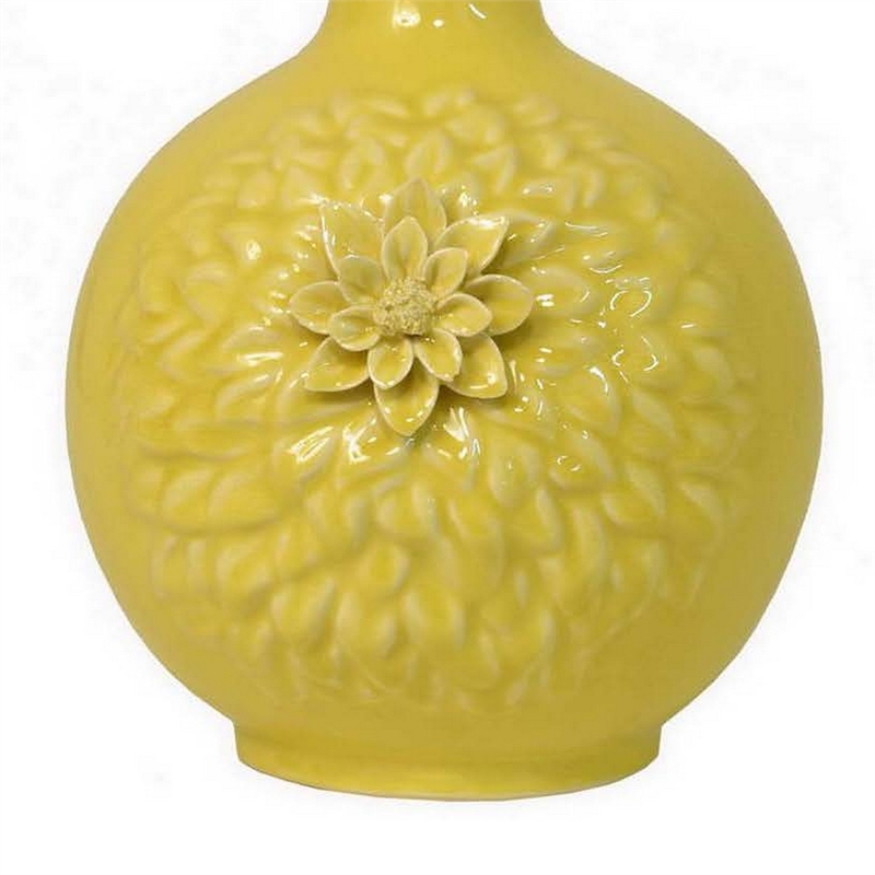 Benjara Remi Flower Vase- Narrow Neck- Yellow Ceramic w Floral Motifs- 16 Inch