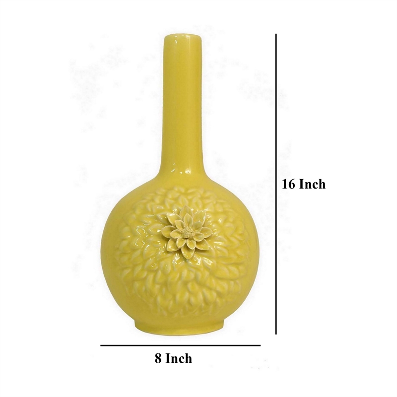 Benjara Remi Flower Vase- Narrow Neck- Yellow Ceramic w Floral Motifs- 16 Inch