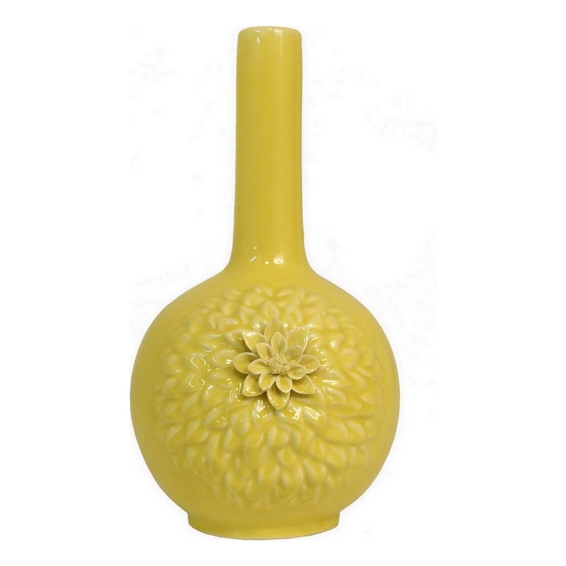 Benjara Remi Flower Vase- Narrow Neck- Yellow Ceramic w Floral Motifs- 16 Inch