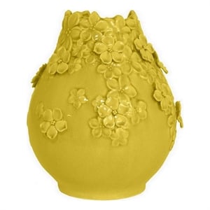 Benjara Remi Flower Vase- Decorative Yellow Ceramic w Floral Motifs- 11 Inch