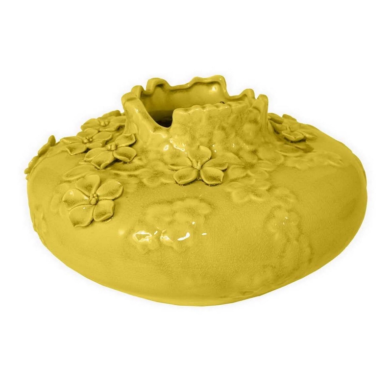 Benjara Remi Flower Vase- Decorative Yellow Ceramic w Floral Motifs- 12 Inch