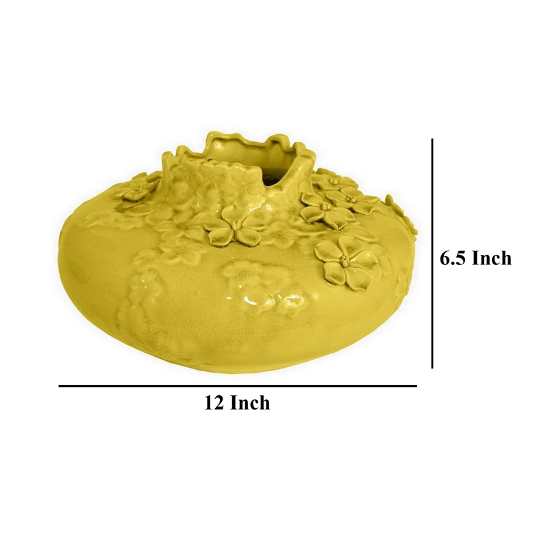 Benjara Remi Flower Vase- Decorative Yellow Ceramic w Floral Motifs- 12 Inch