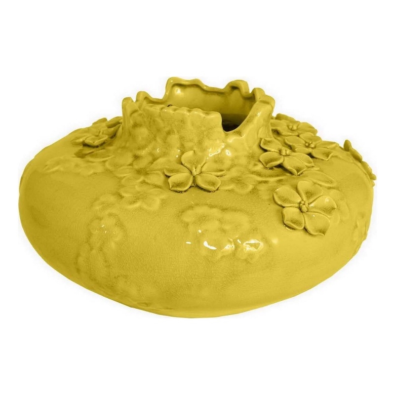 Benjara Remi Flower Vase- Decorative Yellow Ceramic w Floral Motifs- 12 Inch