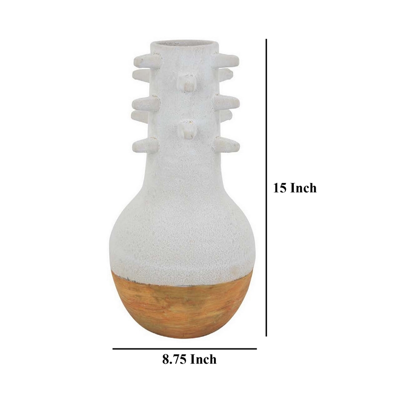 Benjara Enya Flower Vase- Spiked Narrow Neck- Brown White Ceramic- 15 Inch