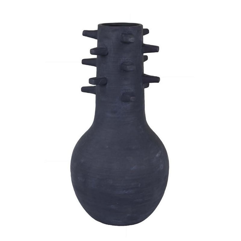Benjara Enya Flower Vase- 3D Spiked Accent Narrow Neck- Black Ceramic- 18 Inch