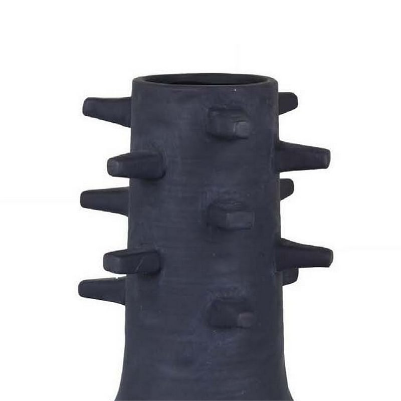 Benjara Enya Flower Vase- 3D Spiked Accent Narrow Neck- Black Ceramic- 18 Inch
