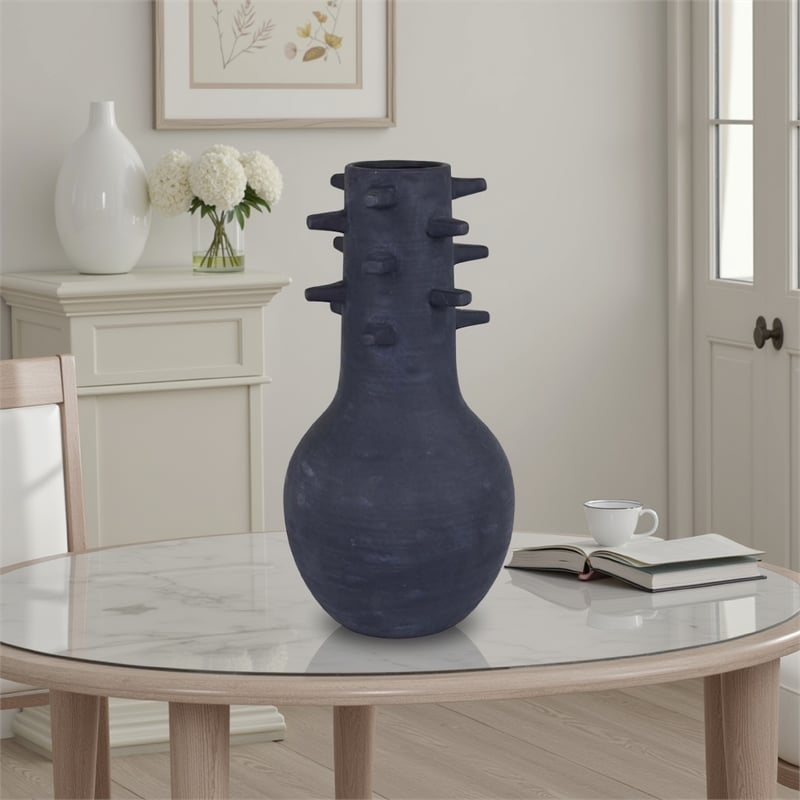 Benjara Enya Flower Vase- 3D Spiked Accent Narrow Neck- Black Ceramic- 18 Inch