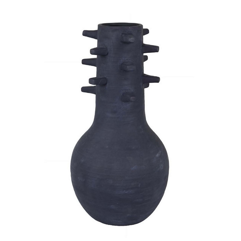 Benjara Enya Flower Vase- 3D Spiked Accent Narrow Neck- Black Ceramic- 18 Inch