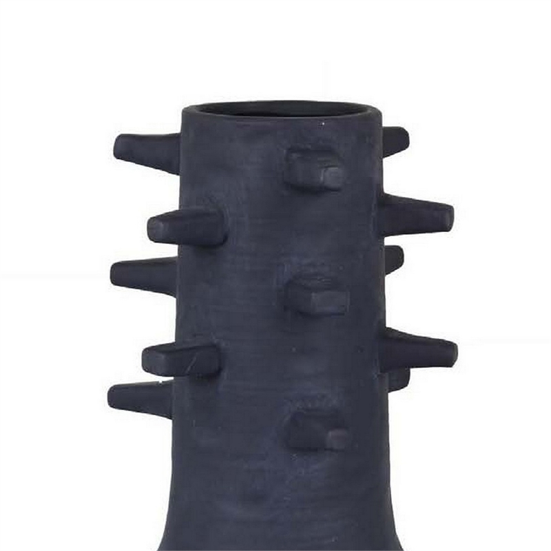 Benjara Enya Flower Vase- 3D Spiked Accent Narrow Neck- Black Ceramic- 18 Inch