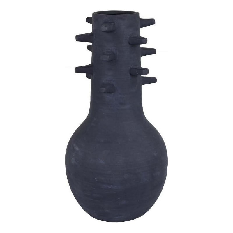 Benjara Enya Flower Vase- 3D Spiked Accent Narrow Neck- Black Ceramic- 18 Inch