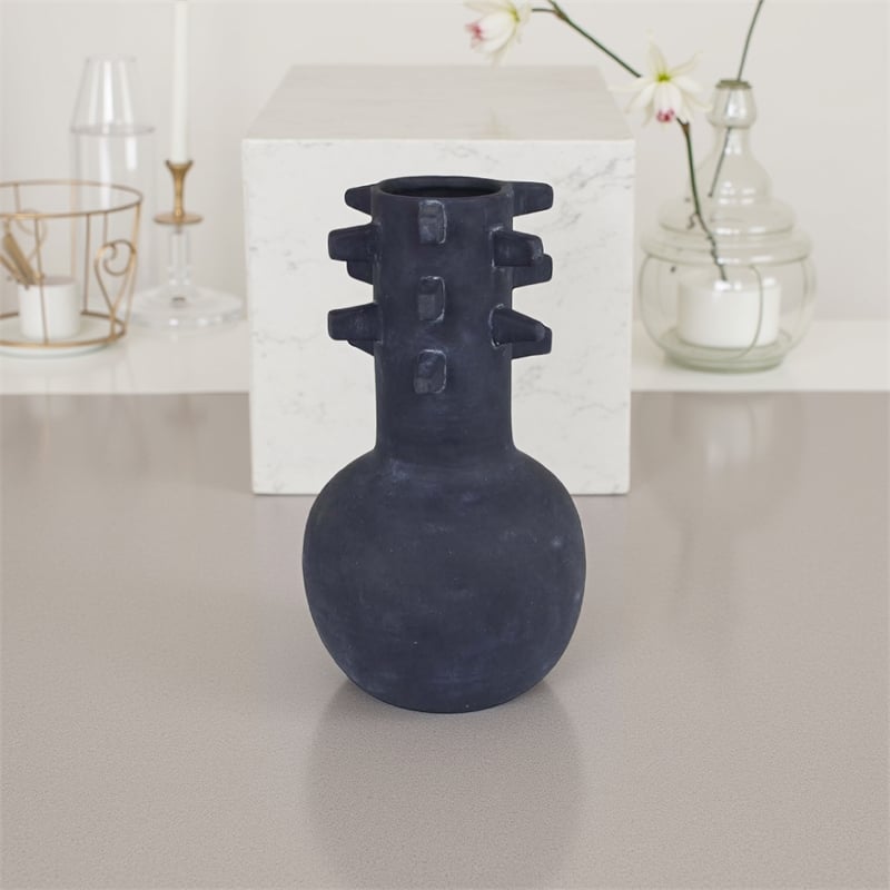 Benjara Enya Flower Vase- 3D Spike Accent Narrow Neck- Black Ceramic- 15 Inch