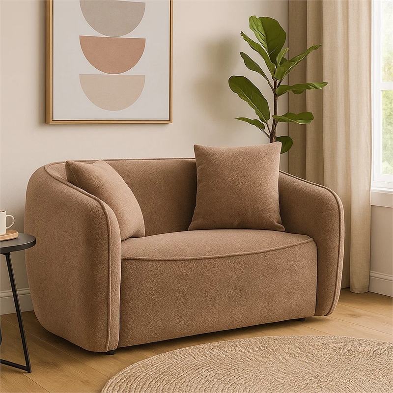 Benjara Keina Loveseat- 2 Accent Pillows- Modern Soft Brown Chenille- 57 Inch