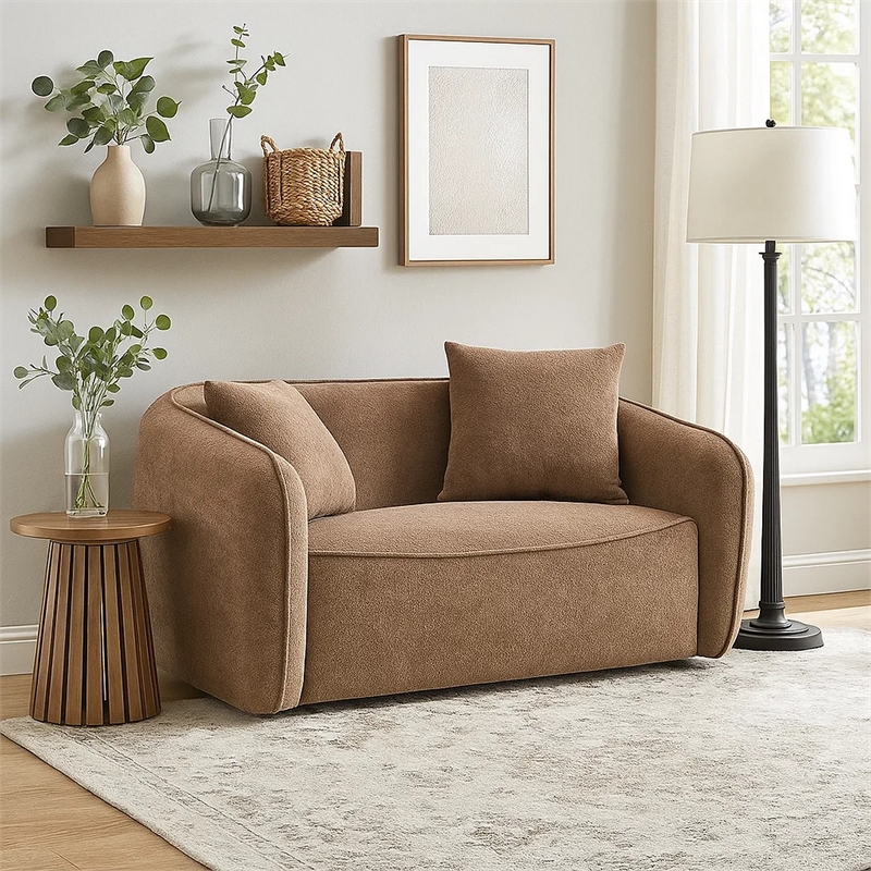 Benjara Keina Loveseat- 2 Accent Pillows- Modern Soft Brown Chenille- 57 Inch