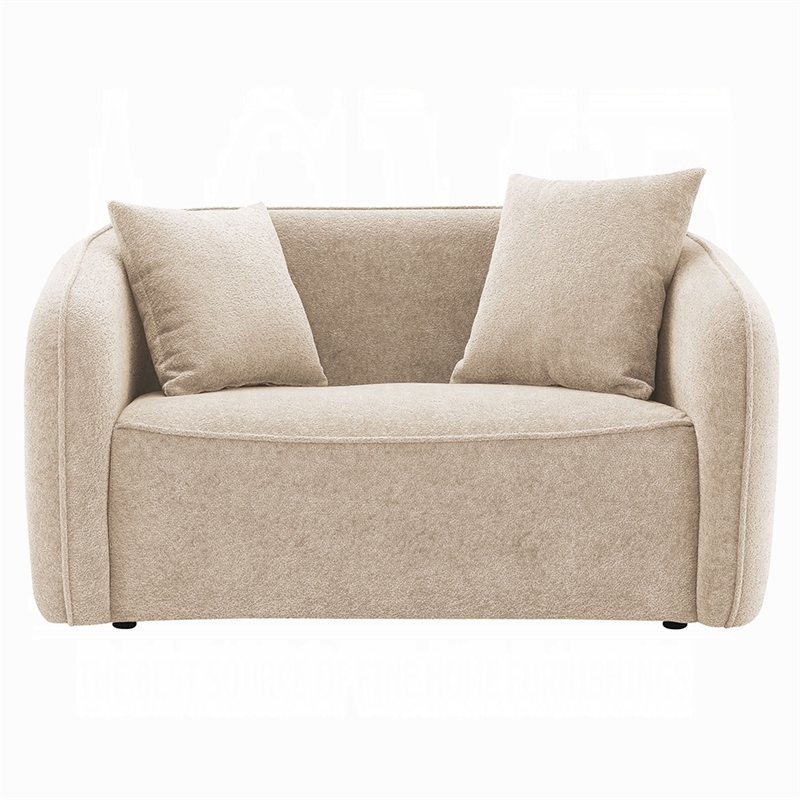 Benjara Keina Loveseat- 2 Accent Pillows- Rounded Back- Beige Chenille 57 Inch