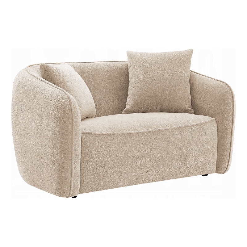 Benjara Keina Loveseat- 2 Accent Pillows- Rounded Back- Beige Chenille 57 Inch