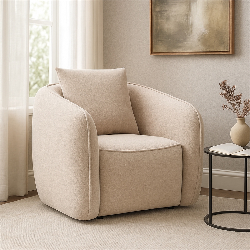 Benjara Keina Accent Armchair- Modern Beige Chenille- 1 Plush Back Pillow