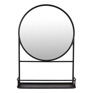 Benjara Feno Decorative Wall Mirror- 28&quot Round Black Metal Frame w Rack