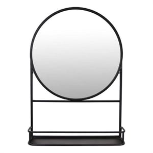 Benjara Feno Decorative Wall Mirror- 28&quot Round Black Metal Frame w Rack