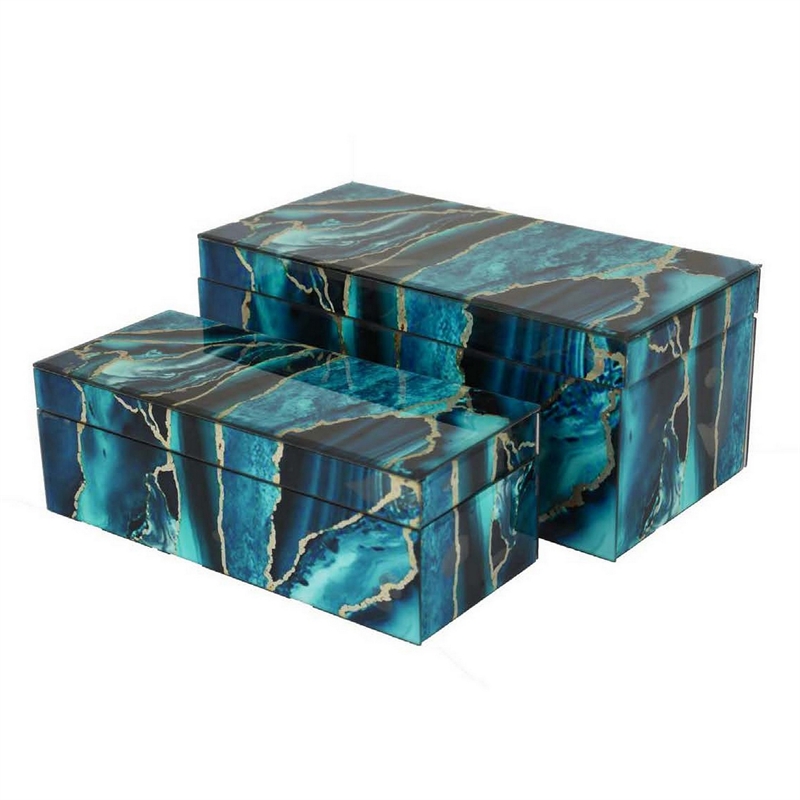 Benjara Dory Decorative Box Set of 2- Deep Blue Black Faux Marble Accent Glass