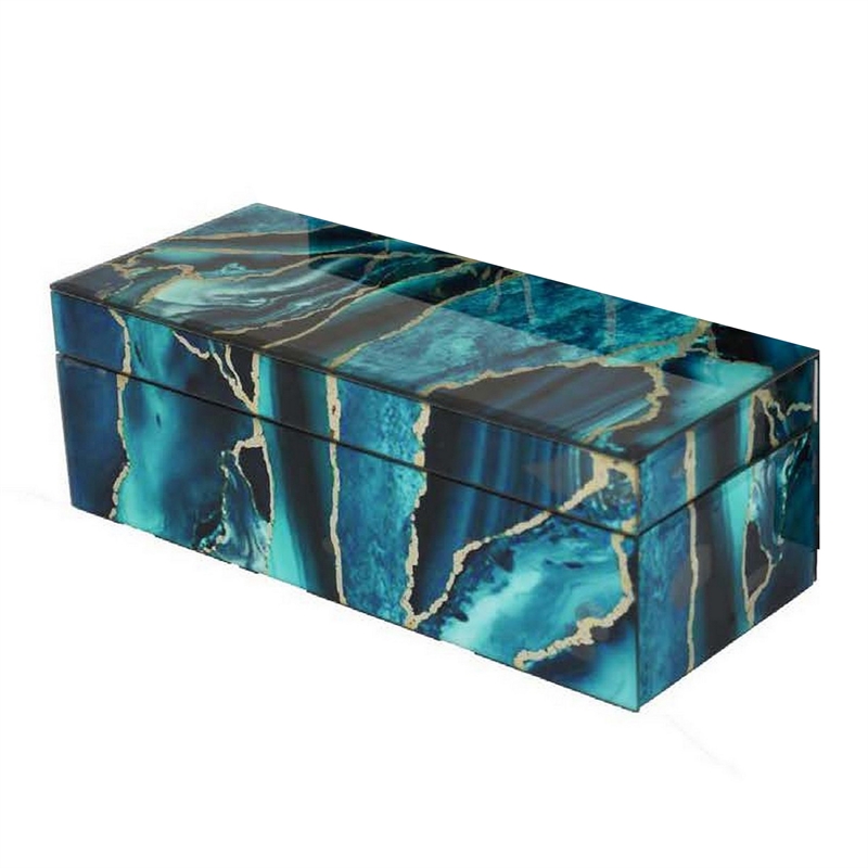 Benjara Dory Decorative Box Set of 2- Deep Blue Black Faux Marble Accent Glass