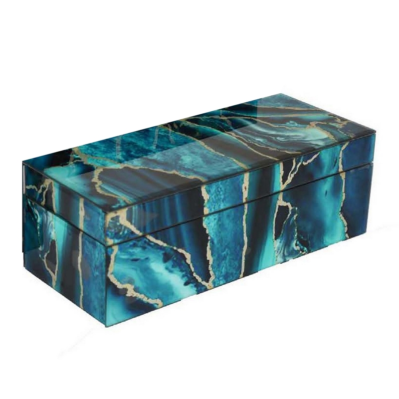 Benjara Dory Decorative Box Set of 2- Deep Blue Black Faux Marble Accent Glass