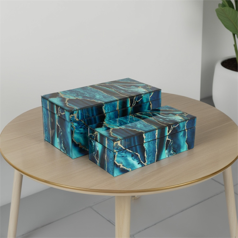 Benjara Dory Decorative Box Set of 2- Deep Blue Black Faux Marble Accent Glass