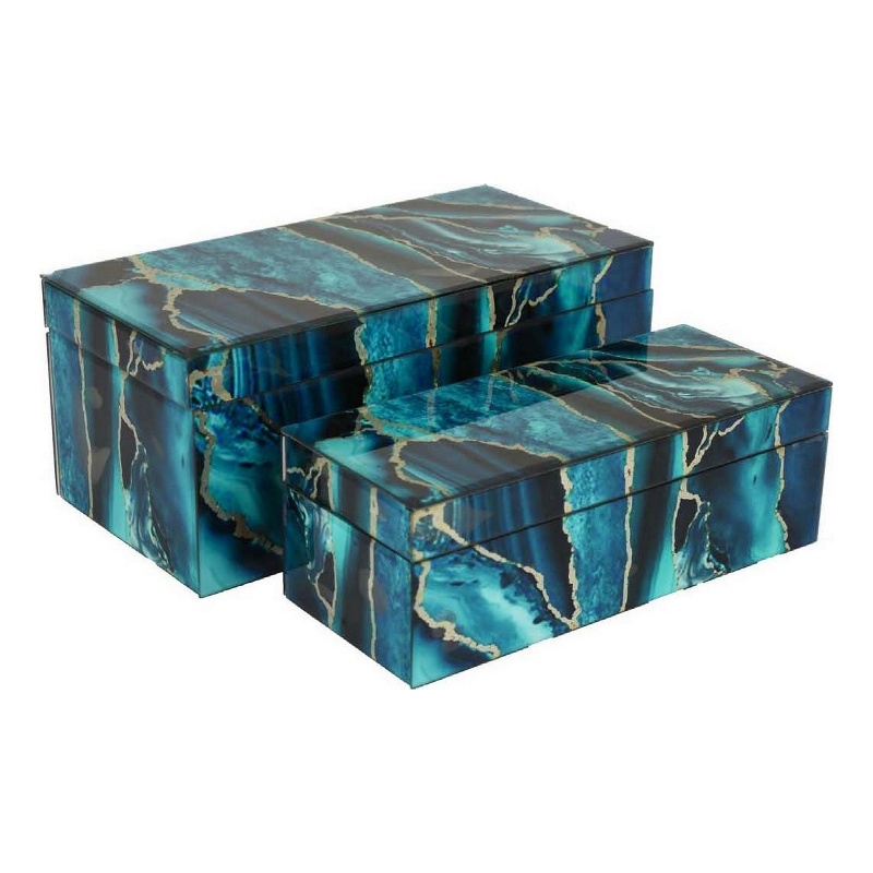 Benjara Dory Decorative Box Set of 2- Deep Blue Black Faux Marble Accent Glass