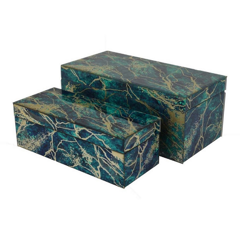 Benjara Dory Decorative Box Set of 2- Green Blue Faux Marble Accent Glass