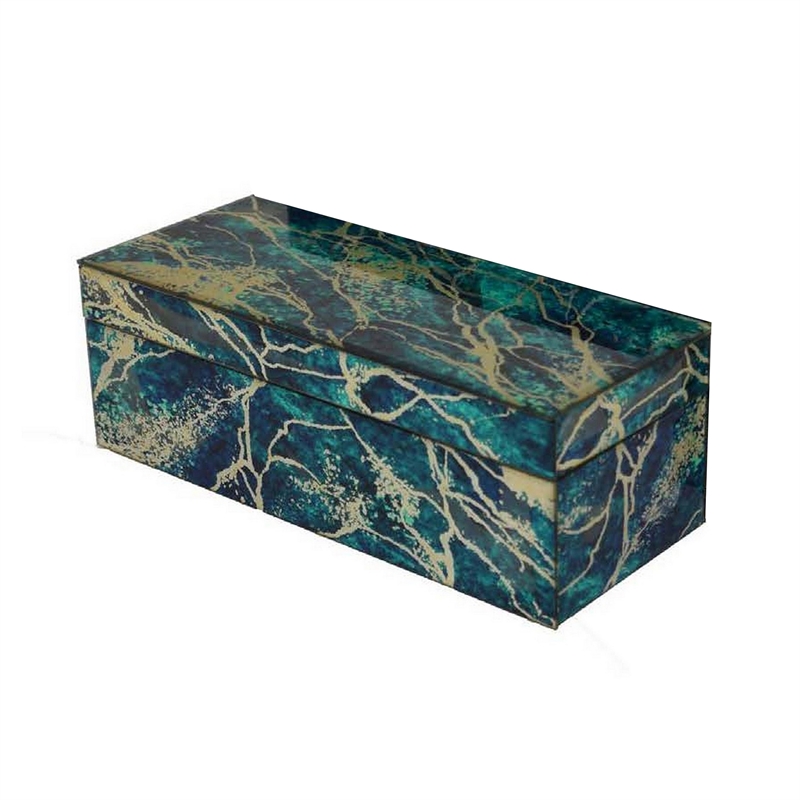 Benjara Dory Decorative Box Set of 2- Green Blue Faux Marble Accent Glass