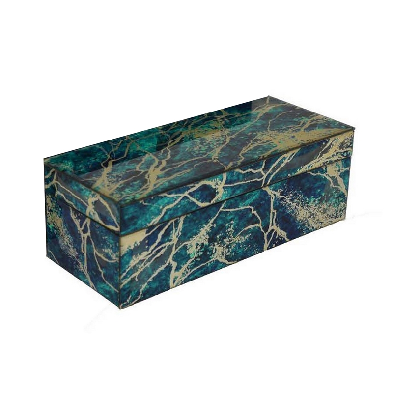 Benjara Dory Decorative Box Set of 2- Green Blue Faux Marble Accent Glass