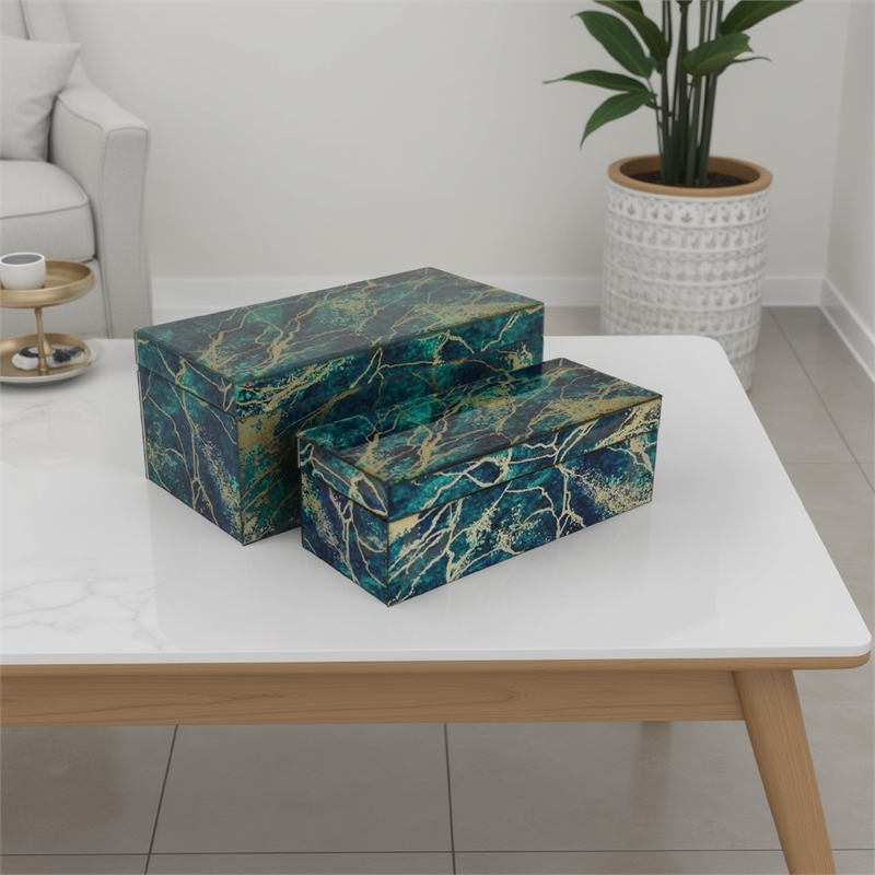 Benjara Dory Decorative Box Set of 2- Green Blue Faux Marble Accent Glass