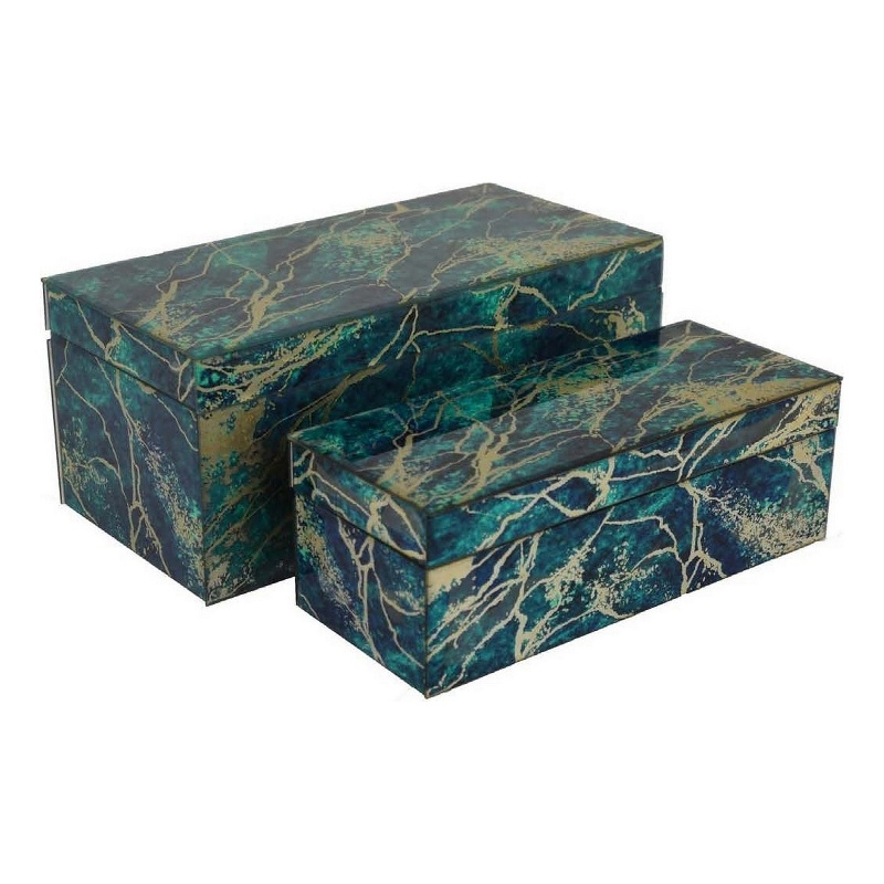 Benjara Dory Decorative Box Set of 2- Green Blue Faux Marble Accent Glass