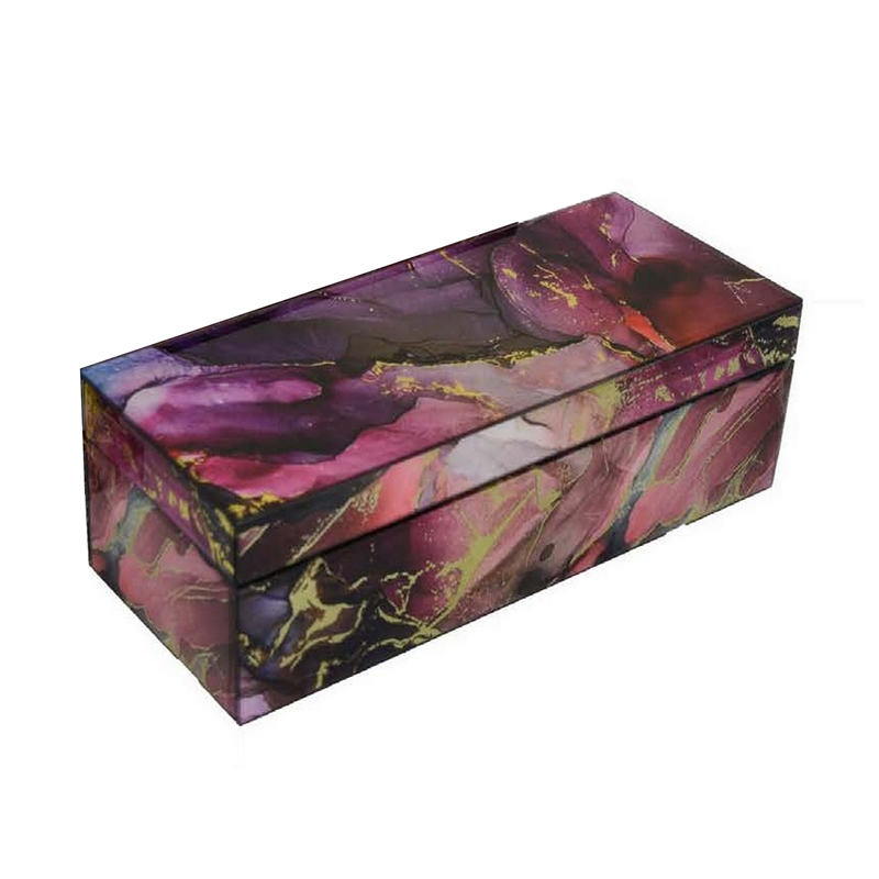 Benjara Dory Decorative Box Set of 2- Pink Gold Faux Agate Stone Accent Glass