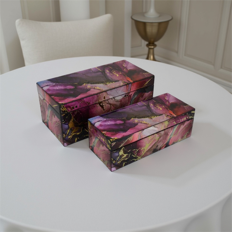 Benjara Dory Decorative Box Set of 2- Pink Gold Faux Agate Stone Accent Glass