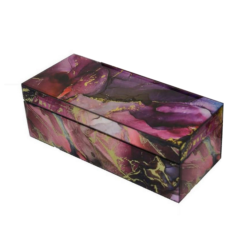 Benjara Dory Decorative Box Set of 2- Pink Gold Faux Agate Stone Accent Glass