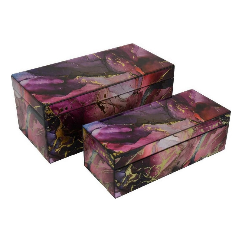 Benjara Dory Decorative Box Set of 2- Pink Gold Faux Agate Stone Accent Glass