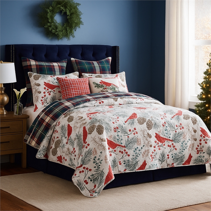 Benjara Coro 2pc Twin Size Quilt Set- Red White Christmas Cardinal Polyester