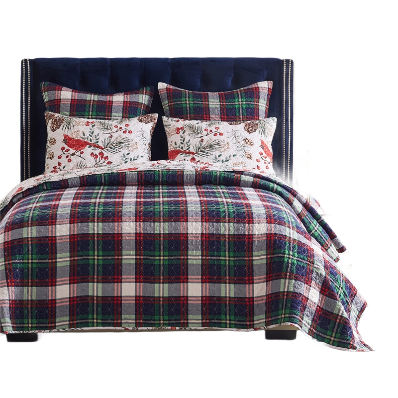 Benjara Coro 2pc Twin Size Quilt Set- Red White Christmas Cardinal Polyester