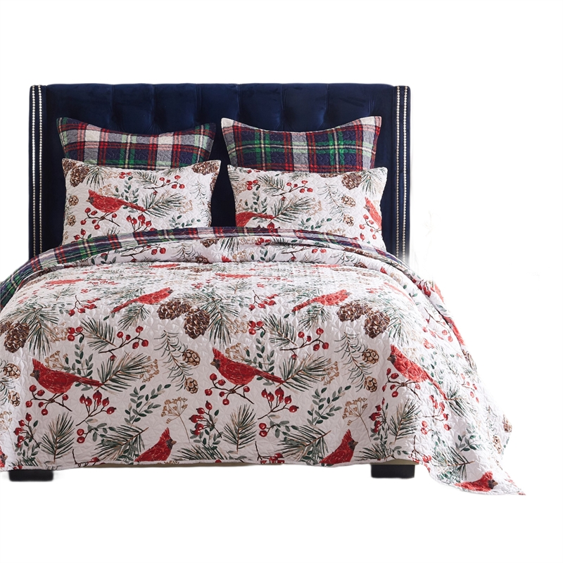 Benjara Coro 2pc Twin Size Quilt Set- Red White Christmas Cardinal Polyester