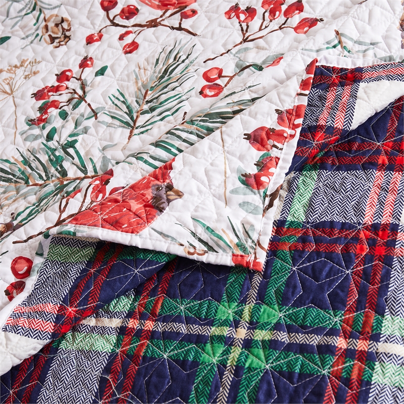 Benjara Coro 2pc Twin Size Quilt Set- Red White Christmas Cardinal Polyester