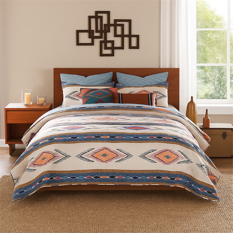 Benjara Yeno 2pc Twin Size Quilt Set- Polyester- Neutral Southwestern Design