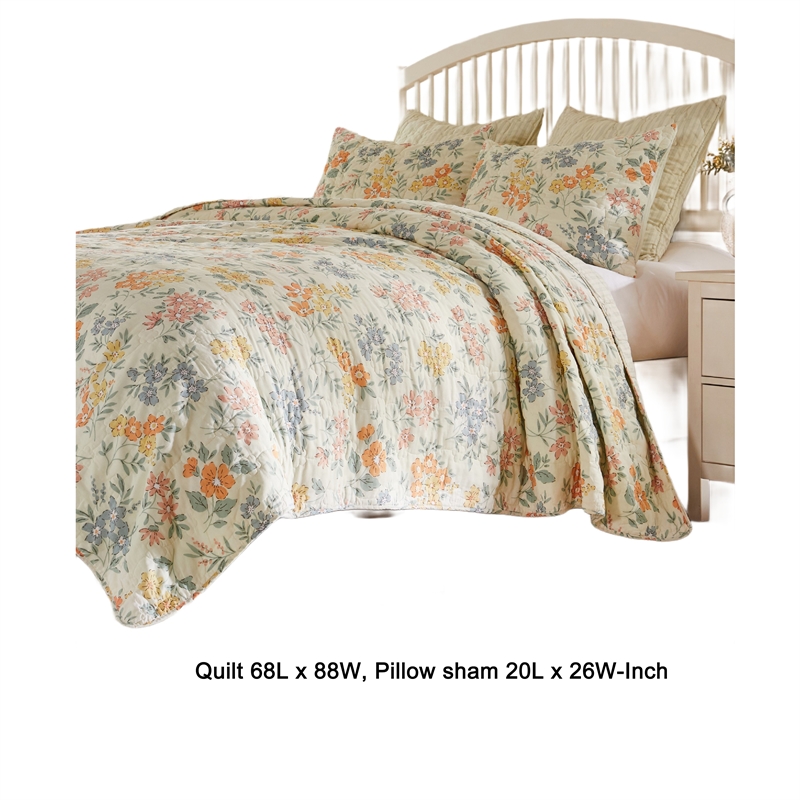 Benjara Loso 2pc Twin Size Quilt Set- Soft White Floral Pattern- Reversible