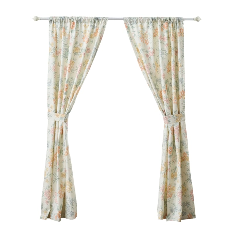 Benjara Loso 2 Panel Curtain Set- Microfiber- Soft White Green Floral Pattern