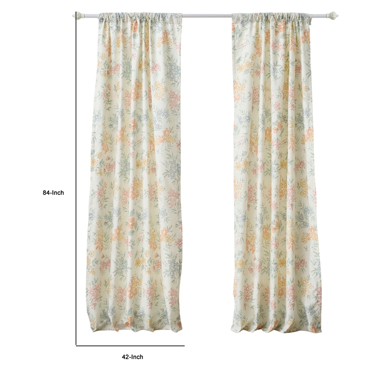 Benjara Loso 2 Panel Curtain Set- Microfiber- Soft White Green Floral Pattern