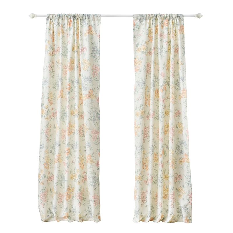 Benjara Loso 2 Panel Curtain Set- Microfiber- Soft White Green Floral Pattern